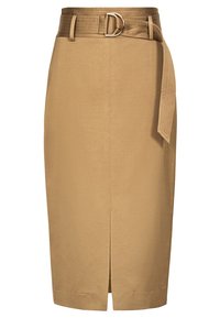 Beige hoge taille kokerrok met een split aan de voorkant en een bijpassende riem met dubbele D-ring gesp.