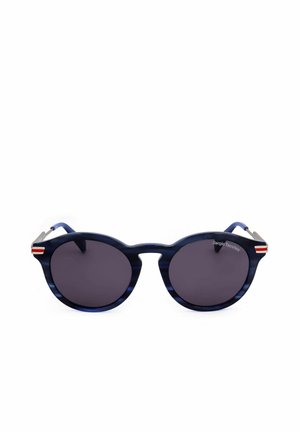 Occhiali da sole tondi blu navy con lenti scure e piccole strisce rosse, bianche e blu sulle aste, marchiati Sergio Tacchini.