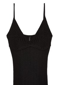 Schwarzes Kleid mit dünnen Trägern, das einen gehäkelten Oberteil und eine gerippte Textur aufweist. Der Stoff hat einen subtilen Schimmer, der das elegante Design unterstreicht.