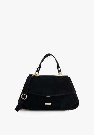 Black suede handbag with a structured shape, gold hardware accents, a top handle, and an adjustable shoulder strap. Features a fold-over flap.