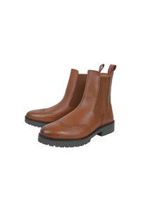Czekoladowe skórzane botki chelsea z detalami w stylu brogue, elastycznymi bocznymi panelami oraz kontrastującymi fioletowymi pętlami do ciągnięcia. Gumowa podeszwa zapewniająca przyczepność i trwałość.