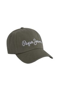 Gorra de béisbol verde oliva hecha de algodón, con el logotipo bordado en blanco "Pepe Jeans" en la parte frontal, con visera curvada y correa ajustable.