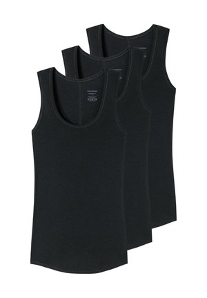 Trois débardeurs noirs sans manches empilés, vue de face avec encolure ronde et texture de tissu lisse.