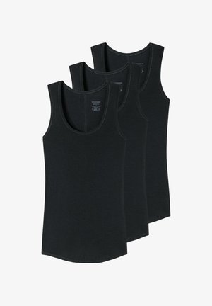 Trois débardeurs noirs sans manches empilés, vue de face avec encolure ronde et texture de tissu lisse.