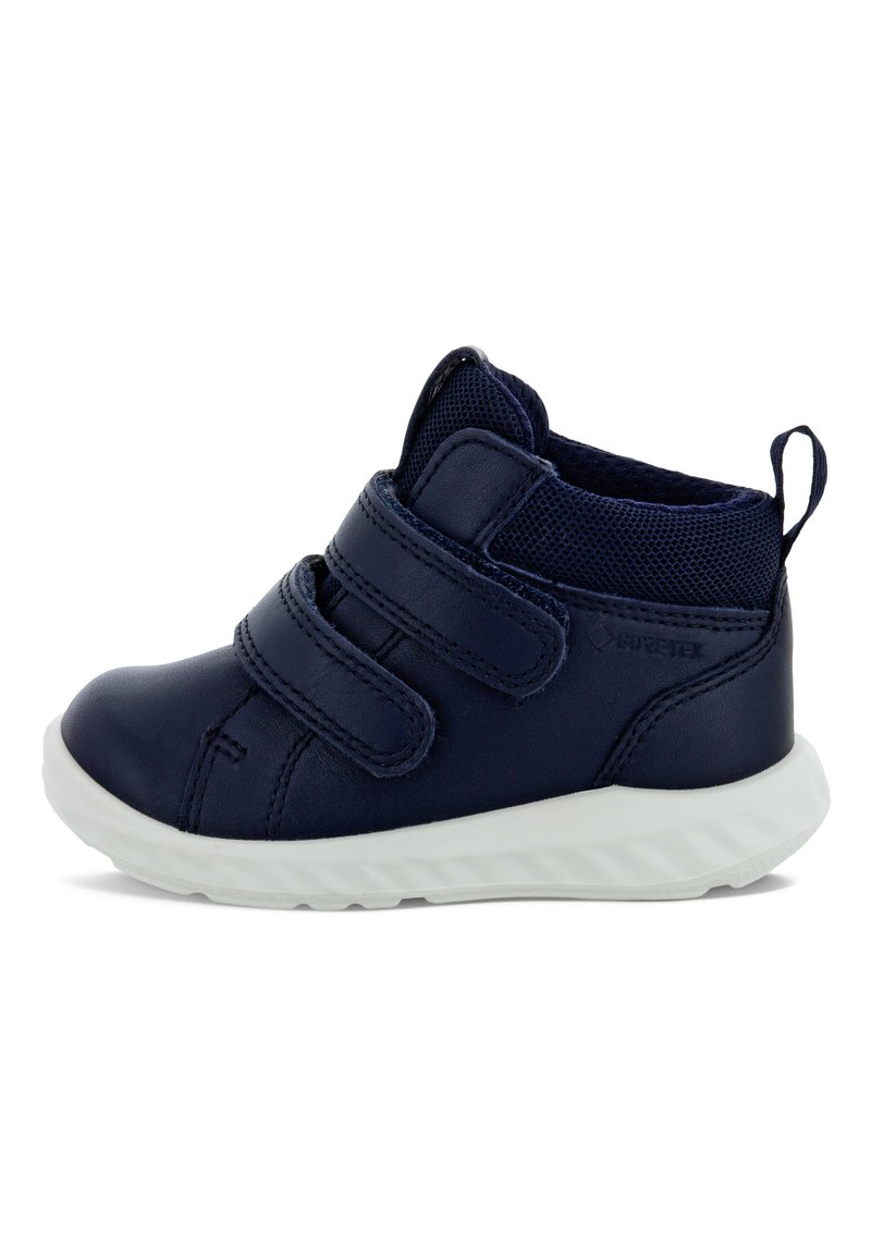 Scarpe per bambini blu navy con due cinturini in Velcro, materiale in pelle e rete, punta arrotondata, suola in gomma bianca e linguetta sul tallone.