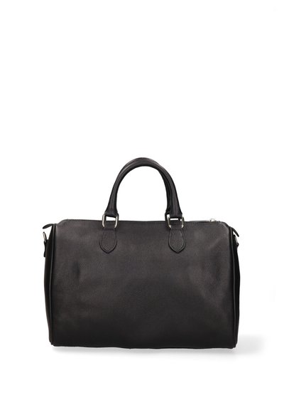 Sac de sport en cuir noir avec deux poignées, forme rectangulaire, et fermeture éclair, présenté sur un fond blanc.