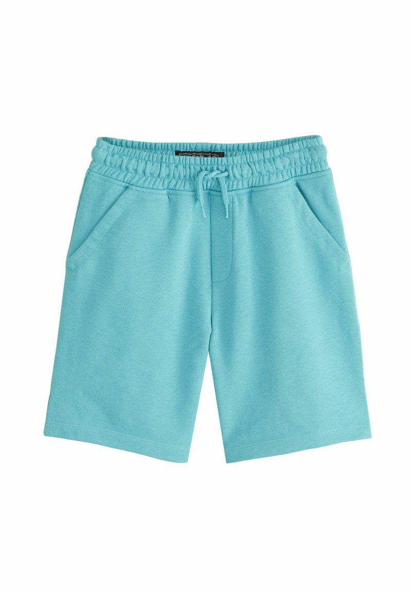 Ljust blå idrottsshorts i mjukt material med elastisk midja, dragsko och två sidfickor. Slät textur, knälängd.