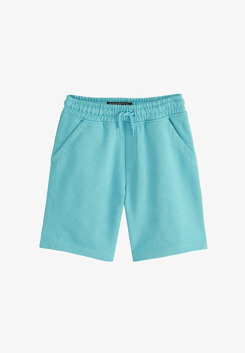 Hellblaue knielange Shorts mit elastischem Bund, Kordelzug und schrägen Vordertaschen auf weißem Hintergrund.