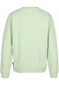 Mintgrüner Sweatshirt mit Rundhalsausschnitt, gerippten Bündchen und Saum. Verfügt über einen strukturierten Stoff und Raglanärmel, mit einem kleinen Etikett an der Seite.