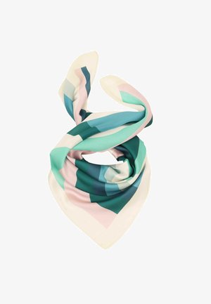 Square silk scarf with folded ends, featuring geometric stripes in teal, mint, pink, navy, and cream colors.