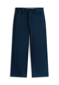 Σκούρο μπλε παντελόνι ίσιας γραμμής με κούμπωμα κουμπιού, θηλιές για ζών η, πλαϊνές τσέπες και μικρή ετικέτα με το λογότυπο στην δεξιά τσέπη.