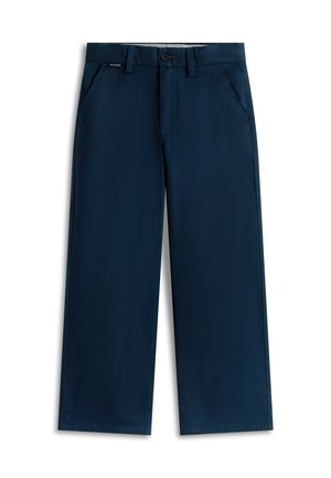 Tumesinised sirge säärega püksid nööpkinnituse, vööaasa, küljetaskute ja paremal taskul oleva väikese bränditempliga.