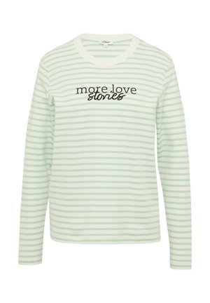 Majica s dolgimi rokavi v svetlo zeleni barvi in belimi vodoravnimi črtami, z napisom "več ljubezenskih zgodb" v črni barvi na sprednji strani.