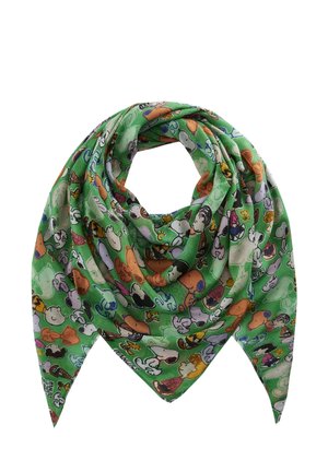 Écharpe verte avec des personnages colorés des Peanuts, dont Snoopy et Woodstock, disposés en motif répétitif.