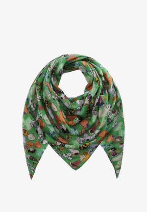 Groene sjaal met kleurrijke Peanuts-personages, waaronder Snoopy en Woodstock, gerangschikt in een herhalend patroon.