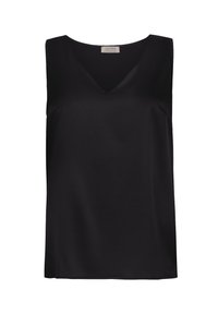 Haut noir sans manches en tissu lisse avec un décolleté en V. Design simple et coupe droite, sans motifs ni embellissements.