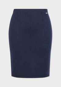 Jupe crayon bleu marine en tissu extensible, avec une coupe ajustée, une texture lisse et des détails subtils à la taille.