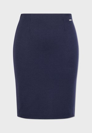 Gonna a matita blu navy realizzata in tessuto elasticizzato, con una vestibilità aderente, una texture liscia e dettagli sottili in vita.