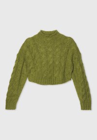 Pull en maille torsadée vert, court, avec des manches longues et un col montant. Confectionné en tissu doux, avec une finition côtelée et un motif texturé.