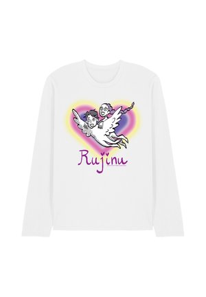 White long-sleeve shirt with cartoon of two people flying with wings over a purple and yellow heart, and purple text reading "Rujinu" below.