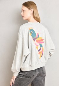 Grijze sweatshirt met een losse pasvorm, voorzien van een kleurrijke papegaai graphic op de achterkant, geribde boorden en zoom voor textuur.