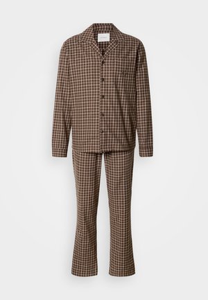 Rudas languotas pižamos komplektas iš minkštos medžiagos, kuriame yra palaidinė su sagomis ir apykakle bei derančios kelnės su elastine juosmens dalimi.