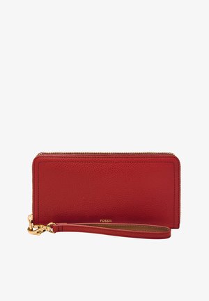 Red leather wallet with textured finish, zip closure, and a detachable wrist strap. Features gold-tone hardware and embossed logo.