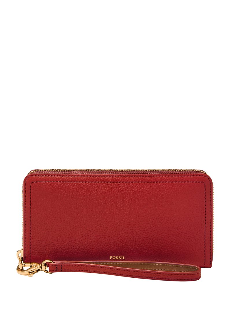 Portefeuille en cuir rouge avec une finition texturée, fermeture éclair et une bandoulière amovible. Équipé de garnitures en métal doré et d'un logo embossé.