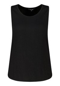 Zwarte mouwloze top met een ronde halslijn, gestructureerde stof en een ontspannen pasvorm met een afgeronde zoom. Etiket zegt "M.s.mode."