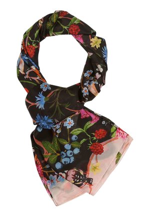 Black scarf with colorful floral and berry patterns, loosely folded with visible details of flowers, leaves, and berries.