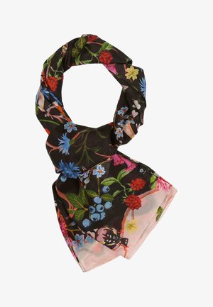 Black scarf with colorful floral and berry patterns, loosely folded with visible details of flowers, leaves, and berries.