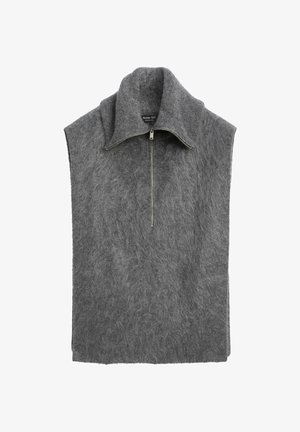 Grå ærmeløs pullover med høj krave, lavet af blødt, tekstureret materiale. Har en lynlås foran og et afslappet pasform-design.