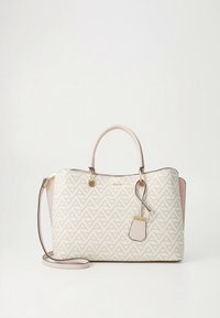 Borsa con motivo geometrico beige, dettagli in rosa chiaro, manici superiori, tracolla staccabile e dettagli in metallo dorato. Presenta una piccola targhetta.