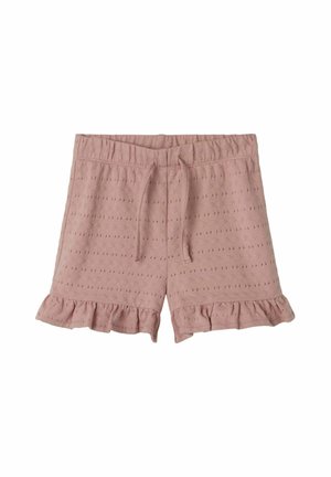 Shorts en coton rose clair avec une taille élastique, un cordon de serrage et un ourlet froncé. Présentent de délicats motifs brodés en œillet sur l'ensemble.