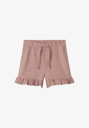 Shorts in cotone rosa chiaro con vita elasticizzata, cordoncino e orlo arricciato. Presentano delicati motivi ad occhio ricamati su tutto il tessuto.