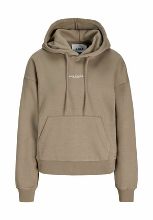 Khaki bluza z kapturem na sznurek i przednią kieszenią typu kangur. Na piersi znajduje się biały logotyp, a mankiety i dół są ściągane ściągaczem. Miękka tekstura materiału.