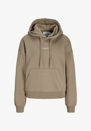 Khaki bluza z kapturem na sznurek i przednią kieszenią typu kangur. Na piersi znajduje się biały logotyp, a mankiety i dół są ściągane ściągaczem. Miękka tekstura materiału.