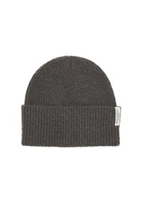 Beanie grigia lavorata a maglia con design a costine e risvolto, dotata di una piccola etichetta sul lato. Realizzata in materiale morbido e testurizzato.