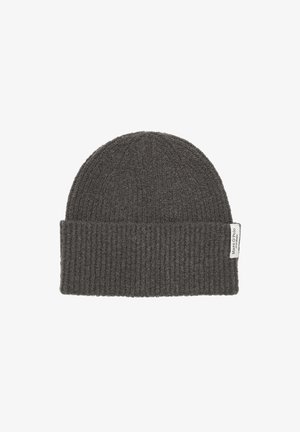 Beanie grigia lavorata a maglia con design a costine e risvolto, dotata di una piccola etichetta sul lato. Realizzata in materiale morbido e testurizzato.