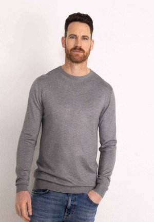 Grauer Pullover mit langen Ärmeln und Rundhalsausschnitt, aus einem glatten Strickgewebe hergestellt. Verfügt über gerippte Bündchen und Saum. Getragen mit blauen Jeans.