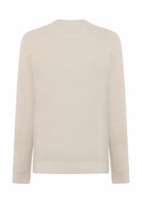 Hellbeige gestrickter Pullover mit langen Ärmeln, gerippten Bündchen und Saum, der ein strukturiertes Gewebe und einen Rundhalsausschnitt aufweist.