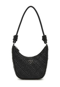 Borsa a spalla nera trapuntata con forma curva, dotata di chiusura con zip e di una tracolla testurizzata decorata con accenti neri e una placca con logo.