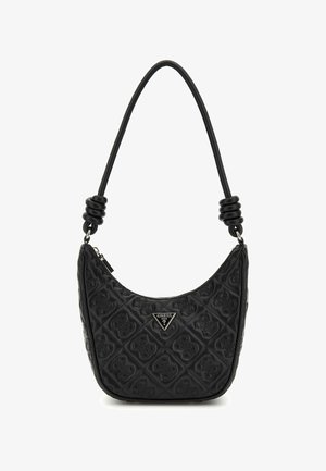 Schwarze gesteppte Schultertasche mit einer geschwungenen Form, ausgestattet mit einem Reißverschluss und einem strukturierten Gurt, der mit schwarzen Akzenten und einer Logo-Platte verziert ist.