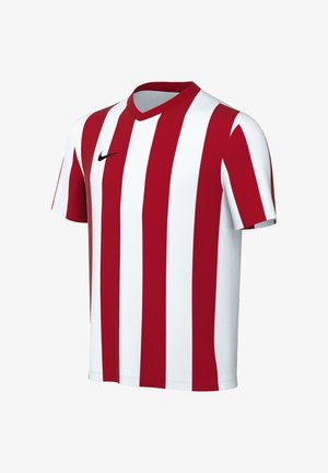 Maglia sportiva a maniche corte con strisce verticali rosse e bianche e logo Nike nero sul petto.