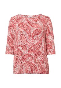 Kurzärmelige Bluse aus leichtem Stoff mit hellrosa Hintergrund und einem lebhaften Paisley- und Punktmuster in Rottönen.