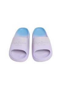 White slide sandals with a blue gradient strap, textured footbed, and embossed logo. Made from lightweight synthetic material.