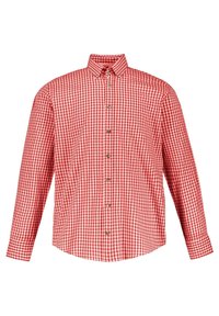 Chemise à manches longues à carreaux vichy rouge et blanc, col boutonné, boutons sur le devant et coupe ajustée. Tissu en coton avec une texture lisse.