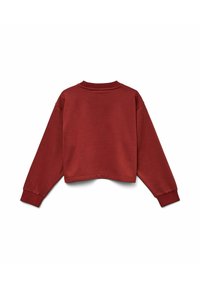 Červená zkrácená mikina s dlouhými rukávy, žebrovaným výstřihem a manžetami, hladkou texturou a minimalistickým designem. Žádná viditelná loga ani vzory.