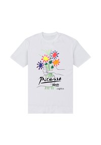 Biała bawełniana koszulka z kwiatowym wzorem w żywych kolorach i konturami rąk trzymających wazon, z napisem "Picasso".