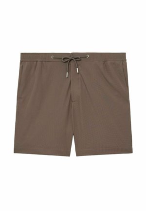 Barna férfi úszónadrág rugalmas derékpánttal, húzózsinórral és oldalzsebekkel, fehér háttéren, laposan elhelyezve.